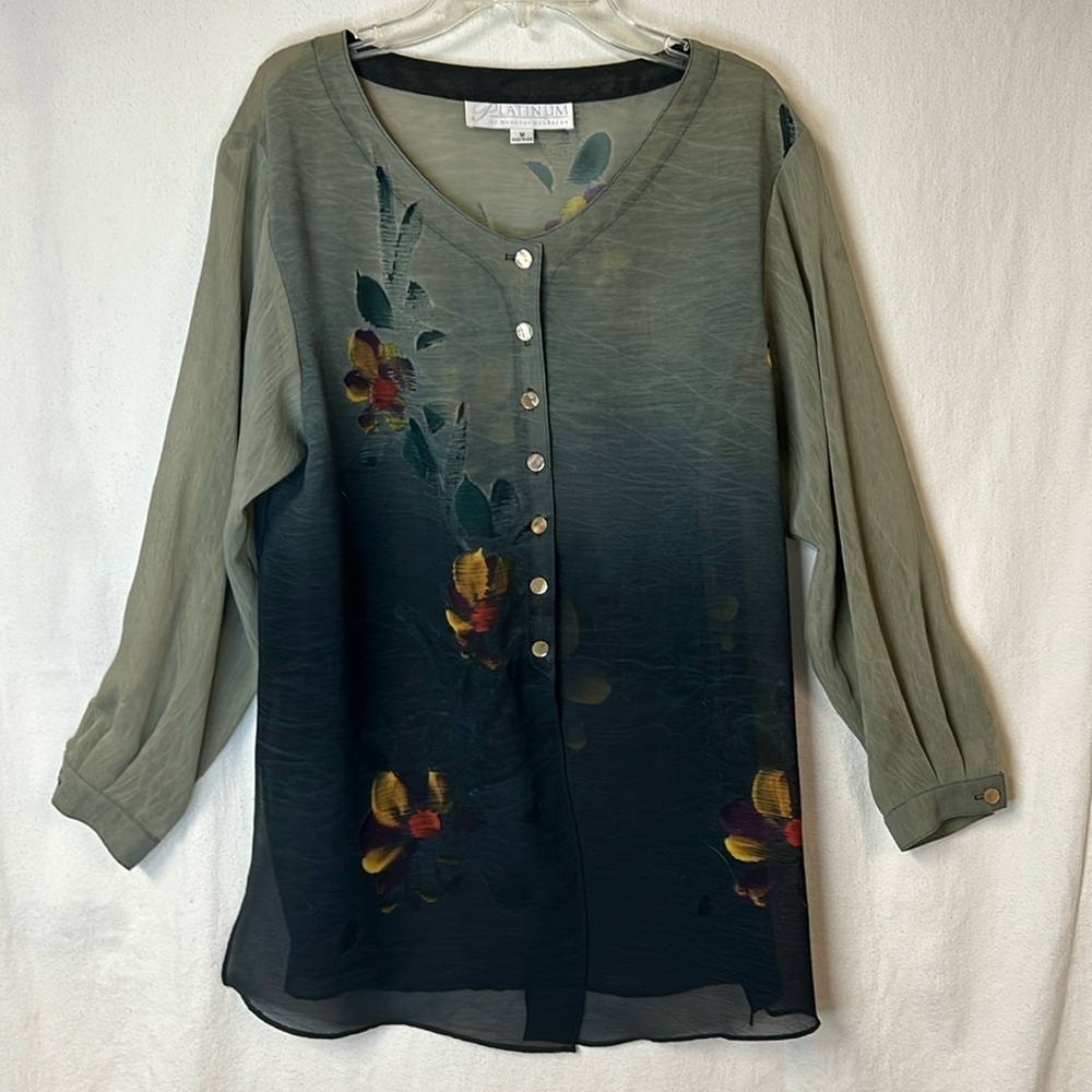 Platinum Women’s Tunic Blouse Size M Sheer Green to Blue Ombre Button Front